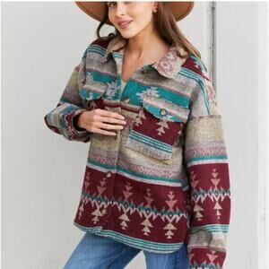Burgundy, Teal & Tan Western Tribal Aztez Print Button Front Shacket